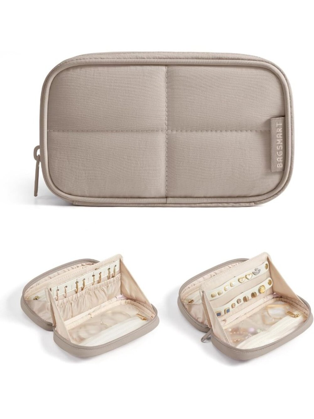 Travel Jewelry Organizer Case - 180° Flat Open, Dual-Compartment, Brown Puffer